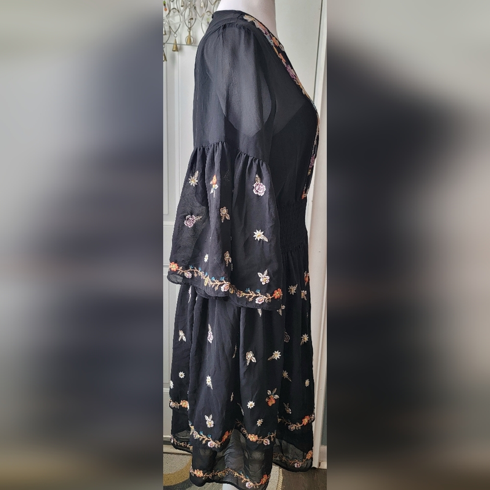 Anthropologie Maeve Anfisa Floral Embroidered Chiffon Mini Dress Womens 2 Black - Picture 5 of 16